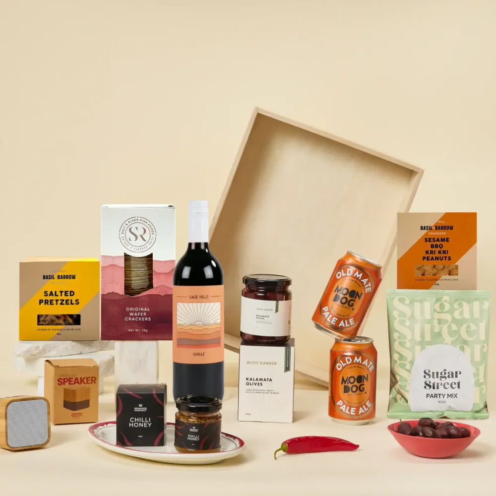 Backyard Barby Essentials Crate, a Father's Day hamper with beer and barbecue snacks