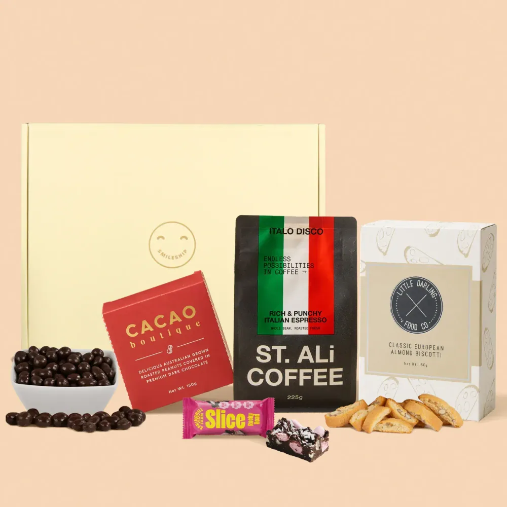 The Coffee & Crunch Bundle Hamper with coffee, biscotti, chocolate peanuts and rocky road slice