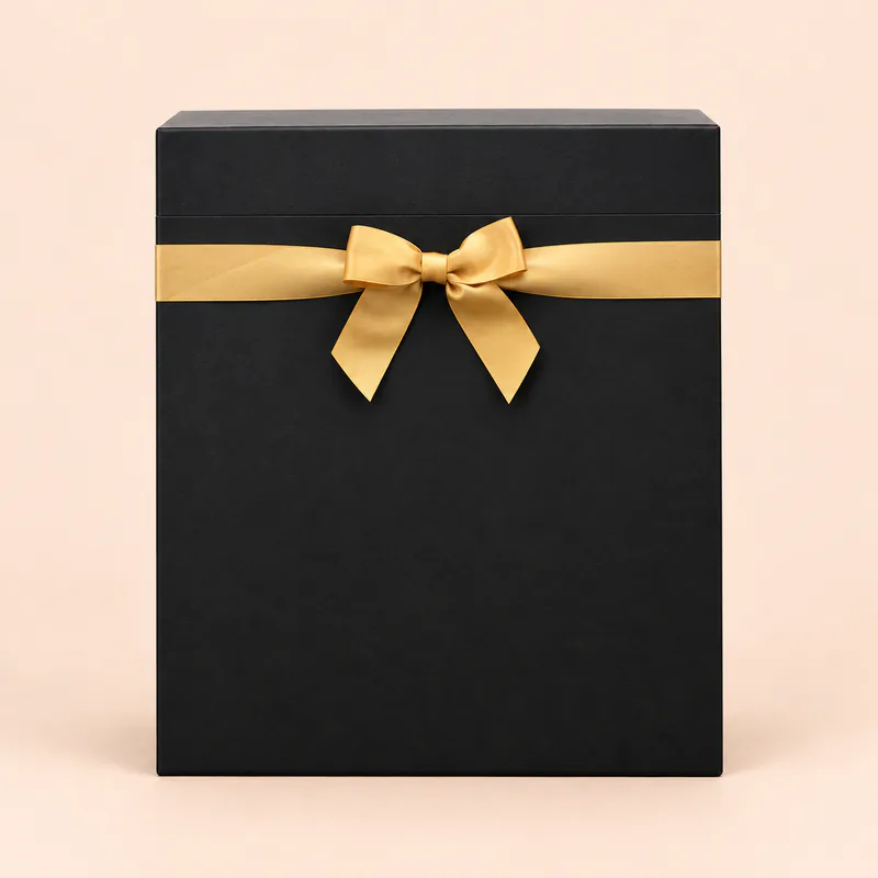 Premium Black 4 Bottle Wine Gift Box with a Gold Ribbon