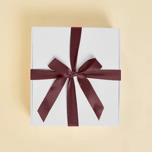 Premium White Gift Box with a Hand-bowed Burgundy Ribbon