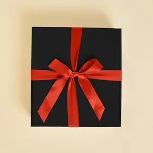 Premium Magnetic Black Double Wine Gift Box with a Red Ribbon